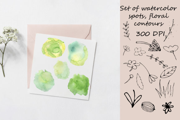 Watercolor Green Spots and Floral Contours: A Practical Asset for Summer Design